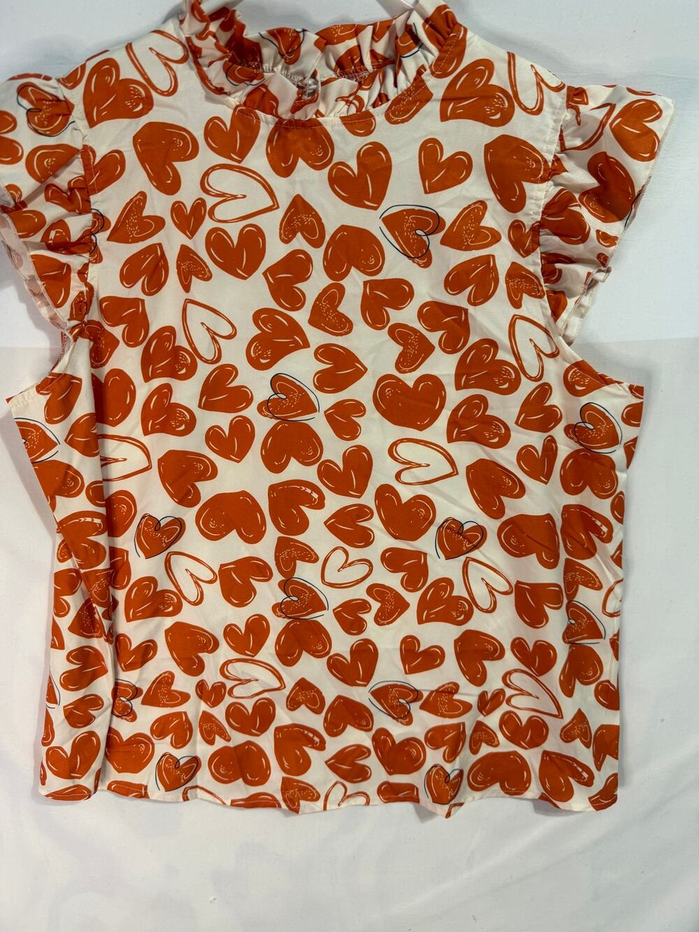 SHEIN Women XL 12 Rust Heart Print Ruffle Neck Flutter Sleeve Blouse Top